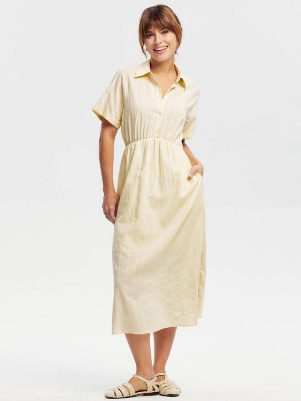 NWT Target Cream Short-Sleeve Button-Front Midi Dress